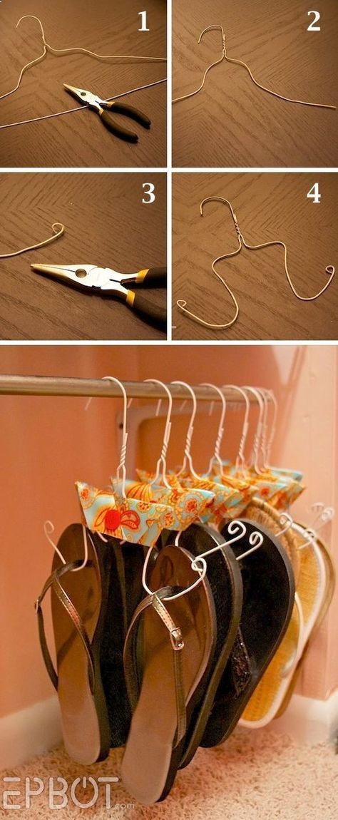 Flip Flop Organizer, Flip Flop Storage, Hanger Crafts, Diy Tank, Hanger Organizer, Small Houses, Wire Hangers, Diy Shoes, Diy Organization