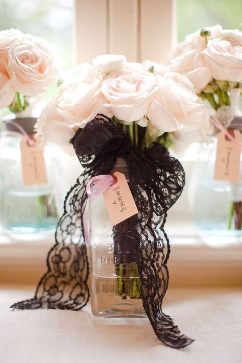 Great table centerpiece idea for small tables!! Love the black ribbon! Do It Yourself Quotes, Lingerie Shower, Hey Gorgeous, Bachelorette Party Games, Ideas Vintage, Deco Floral, Lace Bows, Blush Roses, Blush Wedding