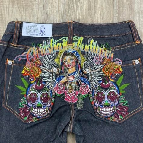 Christian Audigier Jeans, Airbrush T Shirts, Painted Clothes Diy, Pants Y2k, Fashion Vocabulary, Baggy Clothes, Patterned Jeans, Christian Audigier, Yellow Outfit