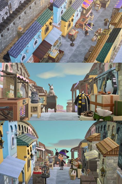 ACNH Diagon Alley Acnh Alley Design, Acnh Diagon Alley, Harry Potter Acnh Island, Animal Crossing Harry Potter Island, Acnh Alley, Acnh Harry Potter Designs, Acnh Hogwarts, Anch Inspiration, Harry Potter Animal Crossing