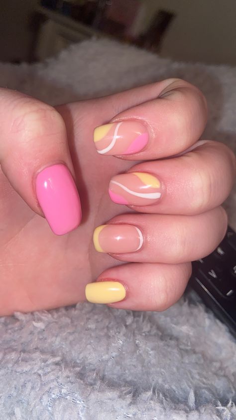 Nails, pink, yellow Pink And Yellow Nails Design, Nails Acrylic School, Pink Yellow White Nails, Pink And Yellow Square Nails, Light Pink And Yellow Nails, Pink And Yellow Nails Acrylic, Yellow Sns Nails, Pink N Yellow Nails, Pink Yellow Nail Art