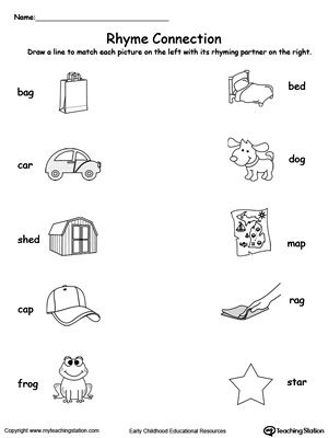 Connect Rhyming Pictures With Words Ending In AG, AR, ED or OG: Help your child identify words that rhyme with this rhyming pictures printable worksheet.	Learning the concept of rhyming words will enhance your child's phonics awareness. Teach Rhyming, Rhyming Kindergarten, Pictures With Words, Rhyming Words Worksheets, Rhyming Worksheet, Rhyming Pictures, Rhyming Activities, Vowel Sound, Phonics Kindergarten