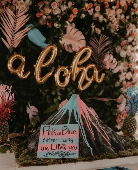 DIY Volcano and decorations Luau Gender Reveal, Gender Reveal Volcano, Gender Reveal Baby Shower Themes, Gender Reveal Party Games, Mommy Goals, Luau Party, Baby Shower Gender Reveal, Reveal Parties, Gender Reveal Party