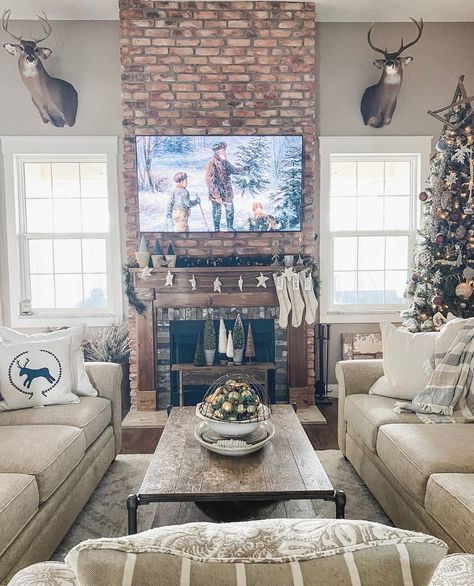 Deer Mount Ideas Decor Living Rooms, Chimney Living Room, Living Rooms With Tv, Living Room Layout With Tv, Vertical Brick, Small Farmhouse Living Room, Gray Sofas, Sofa Layout, Deer Figurines