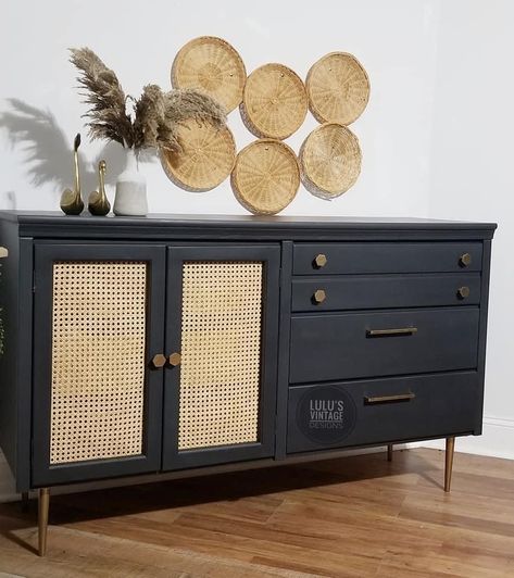 Cane Dresser, Dresser Boho, Chest Of Drawers Decor, Dark Wood Sideboard, Black Dresser, Console Table Design, Living Room Tv Unit Designs, Living Room Tv Unit, Diy Furniture Renovation