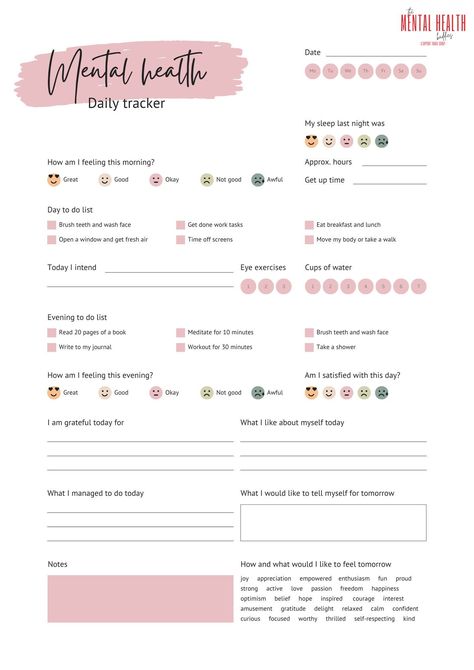 Track your mental health with this personalized daily tracker. Log your mood, symptoms, and activities, and see how they affect each other over time. This tracker can help you identify patterns and triggers, and make informed decisions about your mental health care.

Get your free tracker Bullet Journal Mental Health, Daily Tracker, Bulletin Journal, Self Care Worksheets, Dream Ideas, Bullet Journal Ideas Templates, Makeup Images, Eye Exercises, Self Care Bullet Journal