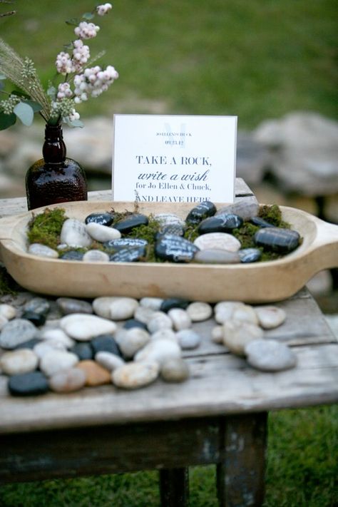 River Rock Wedding Decor, Wishing Stones Wedding, Wedding Stones Rocks, Rock Centerpieces Wedding, Rock Guest Book, Book Signatures, Wedding Witchy, Chucks Wedding, Lavender Farm Wedding