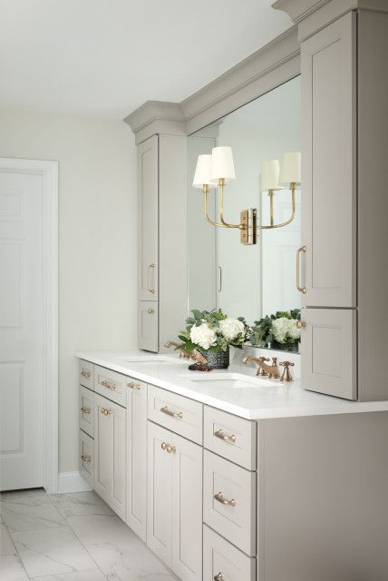 Ryan Court - Transitional - Bathroom - Chicago - by Plain & Posh | Houzz Most Popular Master Bathrooms, Greige Master Bath, Traditional Bathroom Vanity Ideas, Taupe Cabinets Bathroom, Master Bath Inspiration Traditional, Off White Bathroom Cabinets, Tile Combinations Bathroom Master Bath, Classic Guest Bathroom, Timeless Bathroom Vanity