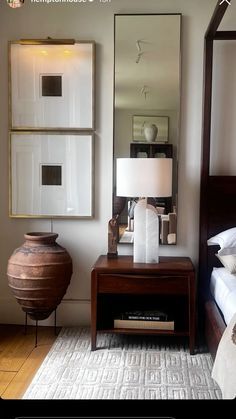 Glam Hotel Bedroom, Guest Bedroom With Accent Wall, Black Nightstand Decor Ideas, Bedroom With Blue Walls Decorating Ideas, Corner Of Bedroom Decor, High End Apartment Interior Design, Bedside Table Mirror Behind, Mirrors Above Nightstand Bedroom Ideas, Mirrors On Side Of Bed