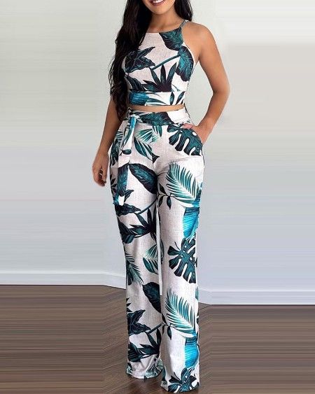 Tropical Tropical Print Top, Summer Prints Fashion, Pant Suits For Women, Elegant Style Women, Floral Print Crop Top, Crop Top Long, High Waist Wide Leg Pants, Pantsuits For Women, Color Flower