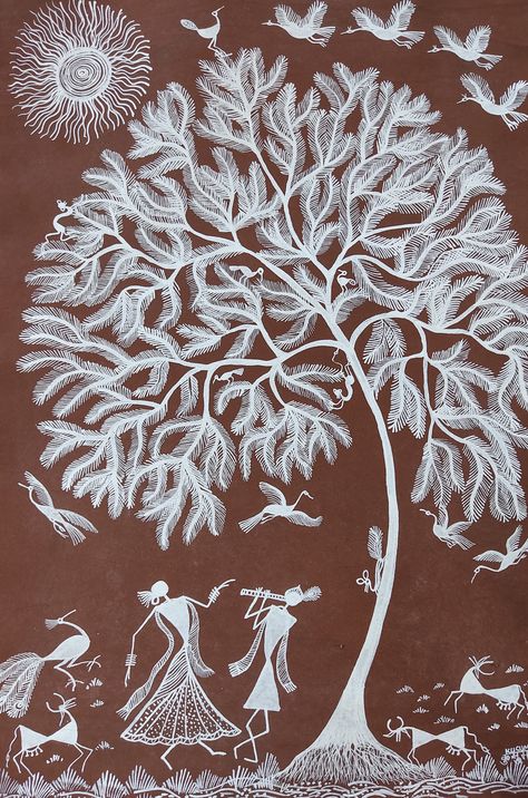 Radha Krishna Warli Art, Warli Tree, Warli Arts, Warli Drawing, Warli Designs, Cupboard Painting, Warli Paintings, Radha And Krishna, Village Drawing