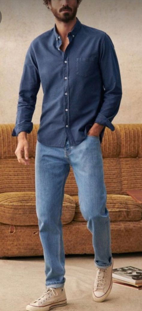 Jeans Button Down Shirt Outfit Men, Basic Casual Outfits Men, Mens Casual Going Out Outfit, Mid 30s Fashion Outfits Men, Smart Mens Outfits Business Casual, Blue Sweater Men Outfits, Men’s Fashion Smart Casual, Classic Men’s Outfit, Men’s Classic Casual Style