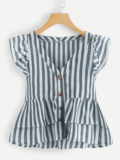 V Neckline Single Breasted Striped Babydoll Top -SheIn(Sheinside) Ruffle Hem Blouse, Kids Tank Tops, Trendy Fashion Tops, Women Blouses, Babydoll Top, Super Ideas, V Neckline, Mode Inspiration, Plus Size Blouses