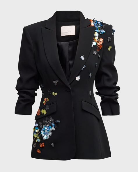 Cinq a Sept Cheyenne Sequin Flower Scrunched Blazer | Neiman Marcus Blazer Upcycling, Embroidery Blazer, Sequins Blazer, Blazer Ideas, Applique Jacket, Sequin Flower, Crepe Blazer, Coord Set, Cinq A Sept