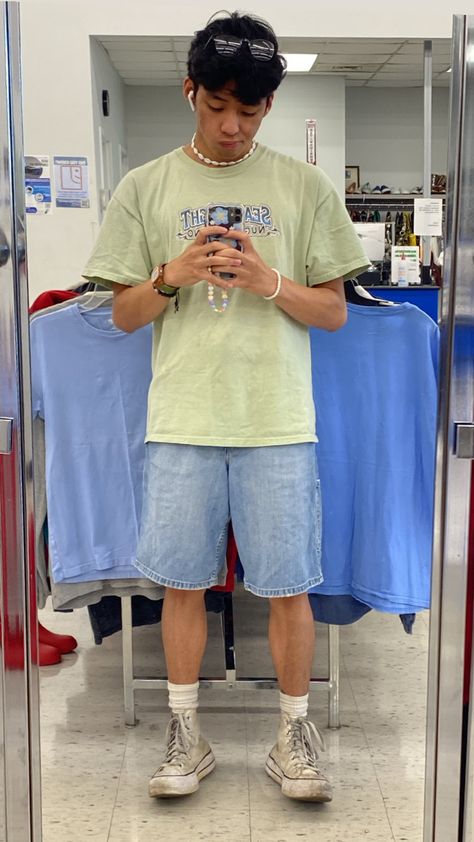 green shirt, jorts, mirror selfie, fit pic, converse outfits, converse , Fits For Summer Men, Denim Shorts Outfit Men Aesthetic, Men’s 90s Summer Fashion, Men’s Summer Fashion 2023 Shorts, Jorts Inspo Men, Ocean Aesthetic Outfit Men, Indie Outfits Men Summer, Summer Vibes Outfits Men, T Shirt And Shorts Outfit Men