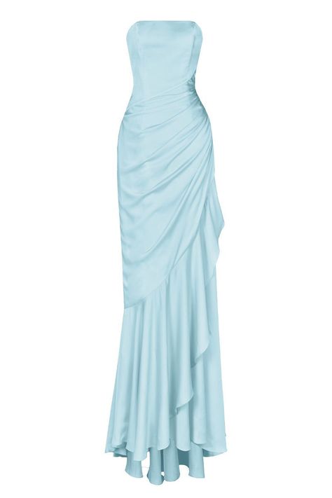 Maxi Vintage Dress, Satin Dress Designs Style, Ice Blue Prom Dresses, Draped Prom Dress, Baby Blue Corset Dress, Hoco Dresses Baby Blue, Jasmine Inspired Dress, Bluebridesmaid Dresses, Silk Light Blue Dress