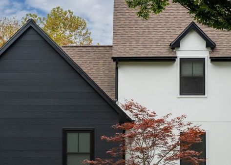 Hardie Artisan Lap Siding and Fine Sand Architectural Panel Siding Replacing Vinyl Siding, Architectural Panel, Exterior Home Renovation, Siding Styles, Stucco Siding, James Hardie Siding, Home Exteriors, Hardie Siding, Hardie Plank