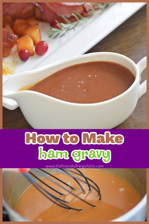 This ham gravy is rich and creamy. With only four ingredients flour, butter, ham drippings and water, it couldn’t be easier to make. Serve it over potatoes for a delicious holiday dinner. Homemade Ham Gravy, Gravy From Ham Drippings, Ham Gravy From Drippings, Gravy For Ham, Ham Gravy Recipe, Gravy Without Drippings, Ham Gravy, Homemade Chicken Gravy, Homemade Cream Corn