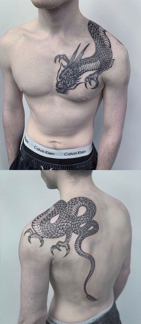 Traditional Dragon Chest Tattoo, Shoulder And Back Tattoo For Men, Dragon Around Neck Tattoo, Back And Shoulder Tattoo For Men, Back To Chest Tattoo, Dragon Tattoos For Men Chest, Dragon Tattoo Over Shoulder, Dragon Over Shoulder Tattoo, Over The Shoulder Tattoo Men