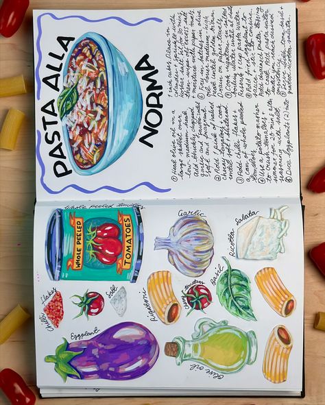 From sketchbook to skillet: Pasta alla Norma with rigatoni 🍆✨ Rich tomato sauce, tender eggplant, and a generous sprinkle of ricotta salata make this Sicilian classic a true comfort dish. Swipe to see the illustrated recipe and the real deal 🍝 #allanorma #pasta #pastarecipe #recipe #italianfood #italianrecipe #cookbook #illustration #artoftheday #artistsoninstagram #artistsofinstagram #sketchbook #sketchbookdrawing Food Recipe Illustration, Cook Book Covers Ideas, Homemade Cookbook Cover Ideas, Personal Recipe Book, Recipe Books Diy, Recipe Journal Aesthetic, Recipe Notebook Ideas, Recipe Doodles, Recipe Layout Design