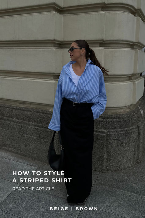 striped shirt outfits,striped shirt outfit ideas, how to style striped shirt, glamour Stripped Shirt Women Outfit, Brown Striped Shirt Outfit, Blue Stripped Shirt Outfit, Navy Striped Shirt Outfit, How To Style Striped Shirt, Style A Striped Shirt, Striped Shirt Outfits, Old Money Glamour, Style Striped Shirt