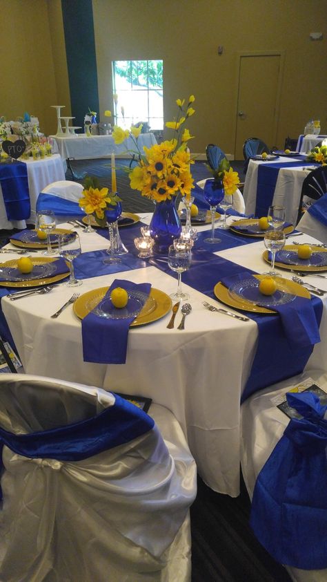 Fancy Breakfast banquet for PTO. Royal blue, white and yellow Table Decorations Blue, Wedding Table Decorations Blue, Rhodes Wedding, Blue And Yellow Wedding, Blue Yellow Weddings, Yellow Wedding Decorations, Fancy Breakfast, Blue Wedding Decorations, Yellow Wedding Theme