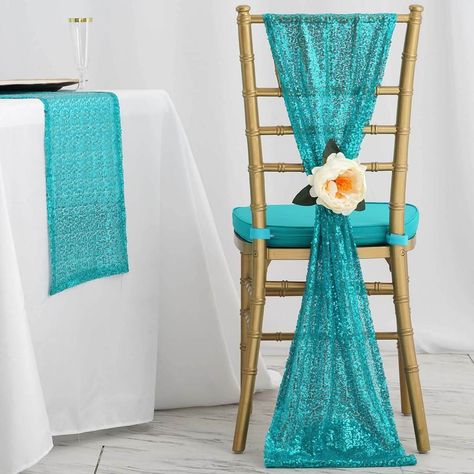 5 Pack - 12"x108" Turquoise Premium Sequin Chair Sashes Chair Sashes Wedding, Turquoise Wedding Decorations, Wedding Chair Sashes, Bows Wedding, Chair Bows, Wedding Chair Decorations, Chair Sash, Teal Wedding, Turquoise Wedding