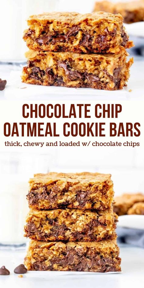 These oatmeal chocolate chip cookie bars are thick and chewy with almost gooey centers and tons of chocolate chips. They're simple to throw together and perfect for when you want an easy, simple, totally addictive treat.  #oatmeal #cookies #cookiebars #oatmealchocolatechip #recipe #bars from Just So Tasty Quick Oat Recipes, Oatmeal Chocolate Chip Cookie Bars, Oatmeal Chocolate Chip Cookie, Oatmeal Chocolate Chip Bars, Chocolate Oatmeal Bars, Oatmeal Cookie Bars, Chocolate Chip Bars, Making Cookies, Peanut Butter Oatmeal Cookies