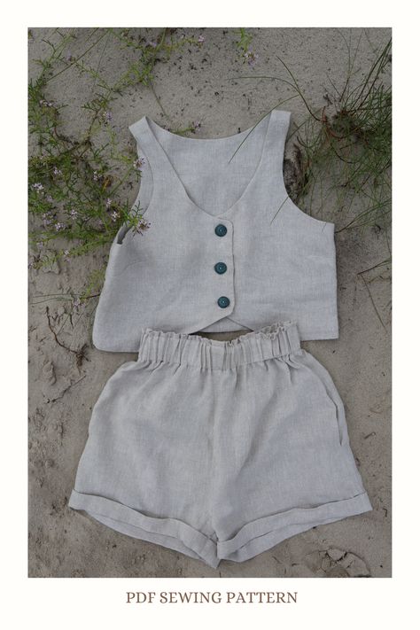 Linen Vest Pattern, Linen Vest Sewing Pattern, Linen Set Sewing Pattern, Vest Top Sewing Pattern, Linen Sewing Patterns Free, Linen Shorts Sewing Pattern, Sewing Vest Pattern, Sewing Patterns Tops Women, Short Patterns Sewing Free