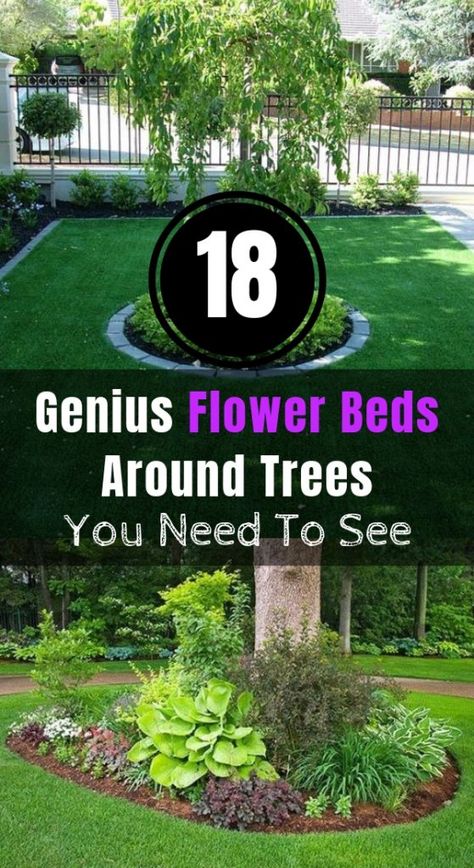 Flower Beds Around Trees, Beds Around Trees, Landscaping Around Trees, Flower Varieties, Decor Eclectic, Garden Yard Ideas, Landscaping Tips, Landscaping With Rocks, Decor Minimalist