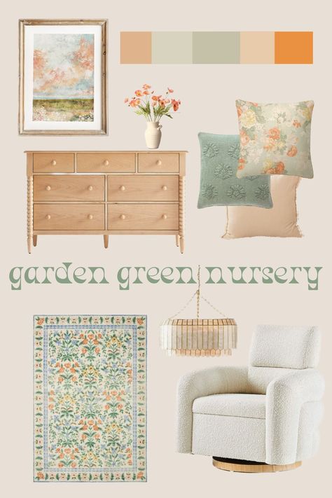 Sage And Pink Floral Nursery, Peach And Mint Nursery, Sage Green Pink Yellow Bedroom, Garden Party Nursery, Orange Green Nursery, Girly Nursery Ideas Green, Light Pink And Green Nursery, Botanical Garden Nursery, Peach And Blue Nursery