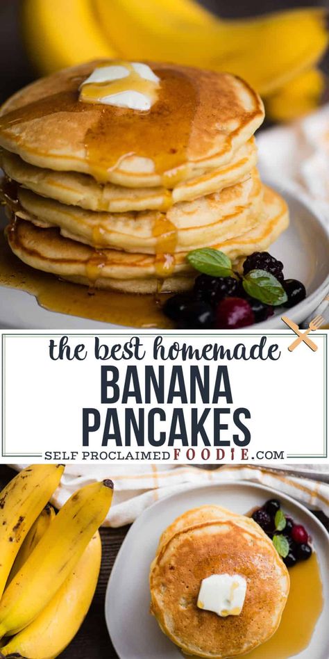 Homemade Banana Pancakes made from scratch with mashed ripe banana, walnuts, and buttermilk are fluffy and moist with a crisp golden brown outside. #bananapancakes #recipe #moist #buttermilk Homemade Banana Pancakes, Fluffy Homemade Pancakes, Buttermilk Recipe, Homemade Pancakes Fluffy, Food Pancakes, Easy Banana Pancakes, Banana Pancakes Recipe, Pancake Recipe Easy, Breakfast Goodies