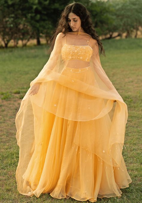 Yellow Embroidered Lehenga Set Zoon Tribe - Fabilicious Fashion Lehenga Silk, Yellow Dupatta, Modern Blouse, Haldi Outfits, Simple Lehenga, Lehenga Dupatta, Yellow Lehenga, Organza Lehenga, Lehenga Designs Simple