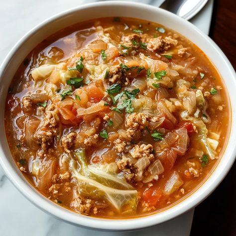 Hearty and comforting Cabbage Roll Soup, packed with ground beef, cabbage, tomatoes, and rice. Perfect for a warm family meal. Baked Cabbage Rolls, Cabbage Roll Soup Recipe, Baked Cabbage, Cabbage Roll Soup, Cabbage Roll, Cabbage Soup Recipes, Best Soup Recipes, Kitchen Fun, Delicious Soup Recipes