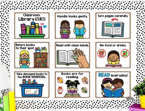 How to Organize Your Classroom Library and Keep it That Way! - Clearly Primary Library Preschool Activities, Classroom Library Expectations Anchor Chart, Library Rules For Kids, Preschool Library Decor, Reading Corner Rules, Library Corner Classroom, Classroom Book Corner, Preschool Library Center, Classroom Library Rules