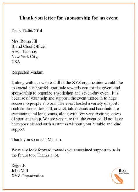 Thank You Letter For Sponsorship Of Event Check more at https://gotilo.org/letters/thank-you-letters/thank-you-letter-for-sponsorship-of-event/ Thank You Letter Examples, Scholarship Thank You Letter, Thank You Letter Sample, Donation Request Letters, Thank You Sponsors, Sponsorship Letter, Thank You Letter Template, Resignation Template, Preschool Lesson Plan Template