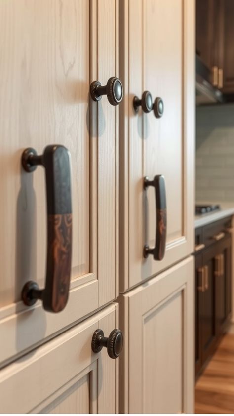 Wooden kitchen cabinets with dark metal handles. Modern Farmhouse Cabinet Hardware, Kitchen Ideas Dark Wood, Dark Wood Kitchen Ideas, Kitchen With Black Hardware, Dark Wood Kitchen, Wood Kitchen Ideas, Kitchen Paint Ideas, Wood Kitchens, Kitchen Ideas Decor