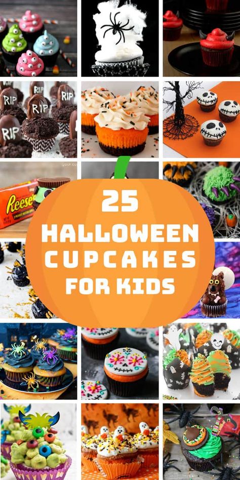 25 Easy Halloween Cupcakes for Kids {Spooky decorating ideas for all ages!} Cupcake Ideas For Kids, Halloween Cupcakes For Kids, Muffin Halloween, Muffins Halloween, Easy Halloween Cupcakes, Cupcakes For Kids, Halloween Cupcakes Decoration, Menu Halloween, Cupcake Recipes For Kids