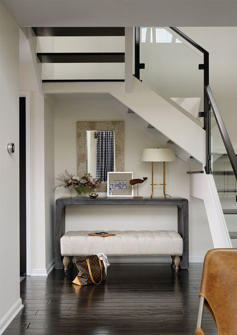 16 Clever Ways To Style That Awkward Space Under Your Stairs Space Under Stairs, تحت الدرج, Entryway Stairs, Simple Benches, Inexpensive Decor, Console Table Decorating, Stair Case, Entry Way Design, Small Entryway