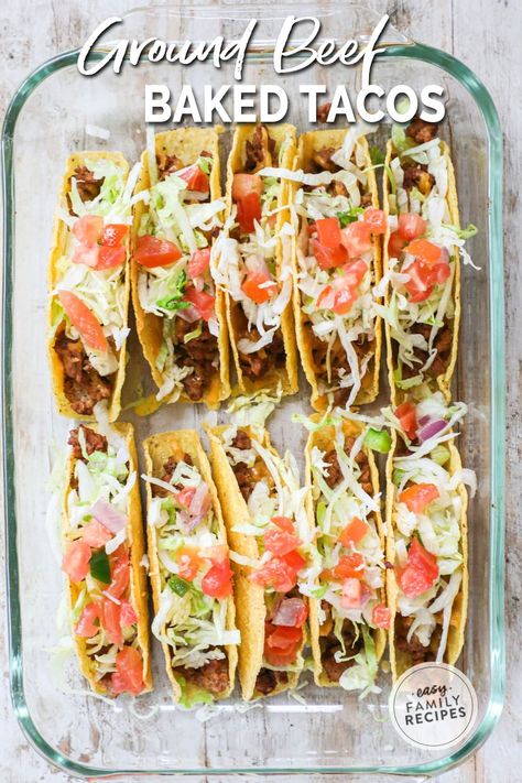 Lazy taco night for the win! These delicious baked ground beef tacos are the best recipe for taco night. Everyone loves tacos, which makes these oven baked beef crunchy tacos an easy weeknight dinner, or the PERFECT crowd-pleasing party food. Whether you serve them as an appetizer or meal, this easy beef taco recipe will only take 15 minutes to get in the oven. Customize this with your favorite toppings for a beef dinner recipe that is always sure to please. Crispy Ground Beef, Beef Taco Recipe, Crunchy Tacos, Taco Recipes Ground Beef, Oven Baked Tacos, Quick Delicious Dinner, Creamy Pasta Bake, Beef Tacos Recipes, Quick Family Meals