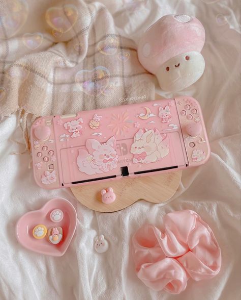 pink nintendo switch with stickers Pink Nintendo Switch, Pink Aesthetic Cute, Fancy Keyboard, Pink Nintendo, Gaming Girl, Cheonan, Girl Gamer, Cozy Gaming, Pink Games