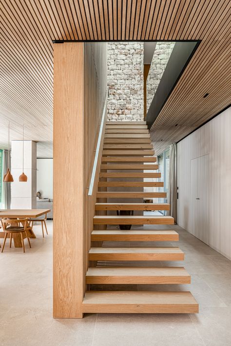 Gallery of Casa Fly / beef architekti - 27 Stone Facade, Floating Staircase, Open Plan Living Room, Wooden Shutters, Traditional Houses, Mallorca Spain, Wood Shutters, Stair Steps, Wood Countertops