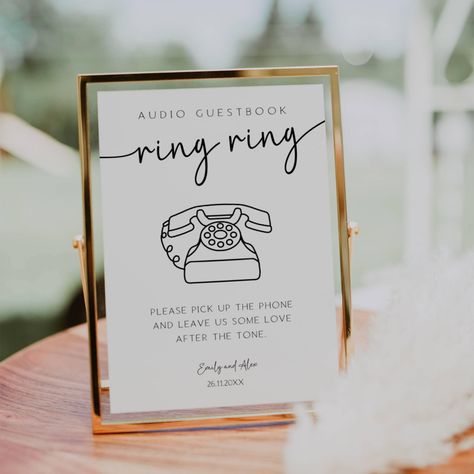 Introducing the Audio Guestbook Sign, the perfect touch for your minimalist wedding. Let your guests leave heartfelt messages with this unique guestbook wedding idea. Encourage your loved ones to simply pick up the phone and record your message on the voicemail guestbook, creating lasting memories for the happy couple. With the phone guestbook sign, guests can easily leave a message that will be cherished for years to come. Make your special day even more memorable with the audio guest book sign Audio Guest Book Sign Wedding, Voicemail Guest Book Sign, Wedding Phone Guest Book Sign, Audiobook Wedding, Audio Guestbook Sign, Unique Wedding Ideas Creative Diy, Audio Guest Book Sign, Wedding Phone Guest Book, Voicemail Guest Book