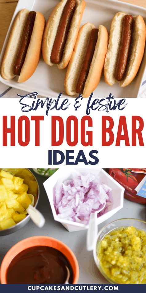 Gourmet Hotdogs Bar, Chili Dog Buffet Bar Ideas, Hot Dog Bar Toppings List, Hot Dogs Toppings Ideas, 4th Of July Hotdogs, Hot Dog 4th Of July, Hotdogs Toppings Ideas, Food Bar Ideas For Parties Simple, Hot Dog Board Ideas