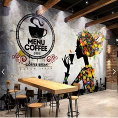 Cafe Industrial, Menu Coffee, Coffee Shop Wall, Mural Cafe, Small Restaurant Design, Industrial Cafe, Cafe Wall Art, Coffee Shop Interior Design, Coffee Wall Decor