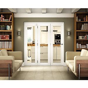 Wickes Belgrave White Fully Glazed Hardwood 1 Lite Internal Bi-Fold 3 Door Set - 2074mm x 2390mm Bifold Door Ideas, Bi Fold Doors Internal, Wooden Bifold Doors, Wooden Patio Doors, Folding Doors Interior, Internal Glass Doors, Internal Sliding Doors, Bi Fold Door, Room Divider Doors