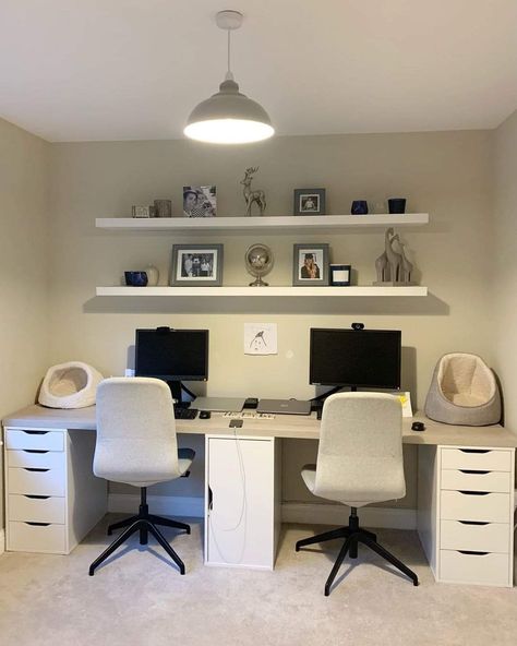 Shared Home Office, Home Office Guest Room Combo, Guest Bedroom Home Office, Home Office Aesthetic, Home Office Built Ins, Ikea Office, Home Office/guest Room, Home Office For Man, Home Office Layout