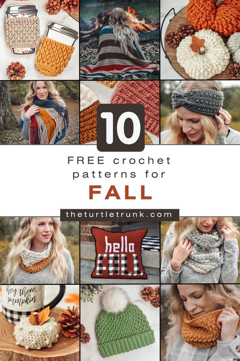 Pin shows 12 photos of different crochet patterns for Fall. Crochet For Fall, Fall Crochet Patterns Free, Crocheted Scarfs, Crochet Fall Decor, Crochet Project Free, Fall Crochet Patterns, Fall Crochet, Cozy Crochet Patterns, Crochet Cozy