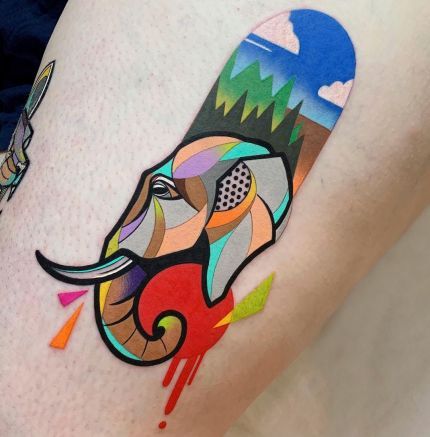 Palette Tattoo, Colorful Elephant Tattoo, Colorful Owl Tattoo, Colorful Butterfly Tattoo, Portfolio Instagram, Korean Tattoo, Colored Tattoo Design, Korean Tattoo Artist, Pop Art Tattoos