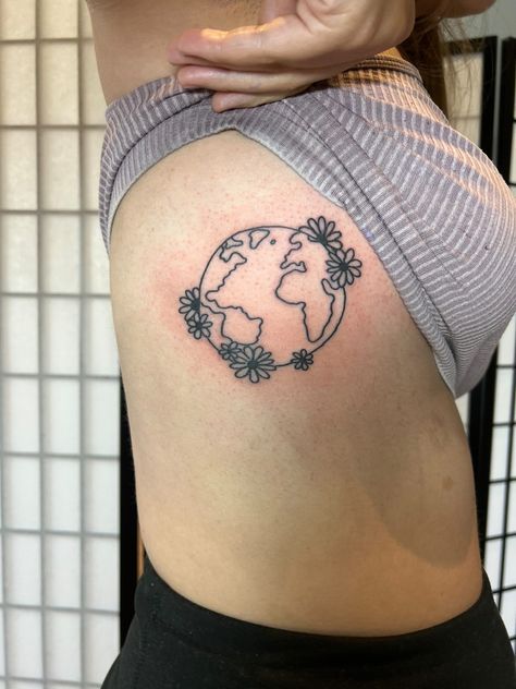 Save The World Tattoo, Earth Tattoo With Flowers, Earth With Flowers Tattoo, Earth Tattoo Traditional, Earth Flower Tattoo, Mother Earth Tattoos, Earth Inspired Tattoos, Earth Day Tattoo, Earth Tattoo Ideas Nature